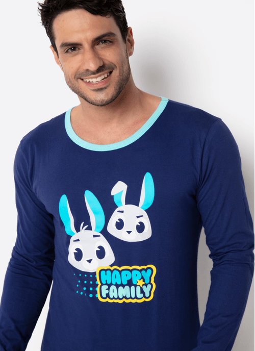 Pijama Manga Longa Algodão Masculino Família Coelho