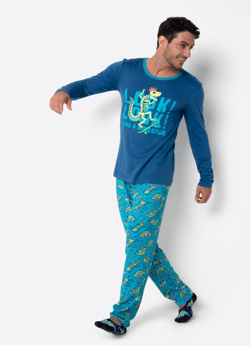 Pijama Manga Longa Algodão Masculino Dinossauro Fósseis