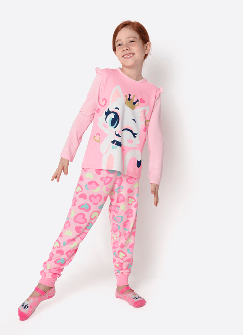 Pijama Manga Longa Viscolycra Menina Gata Romântica
