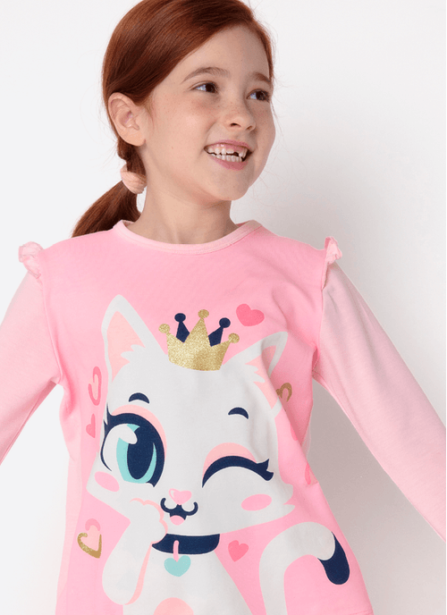 Pijama Manga Longa Viscolycra Menina Gata Romântica