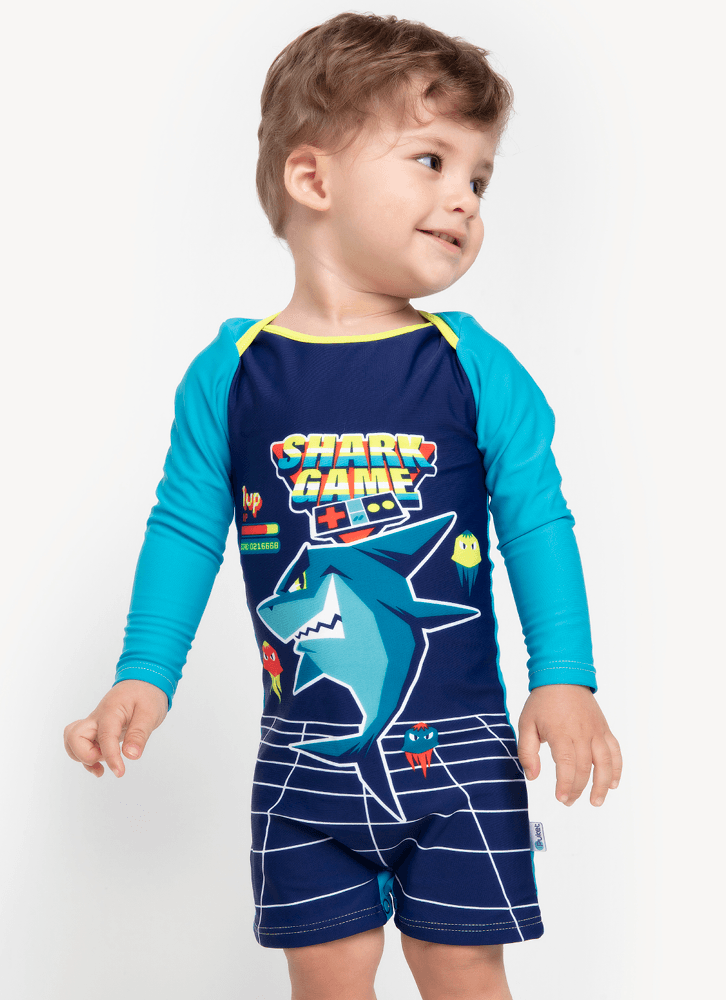 Macacao-Praia-Com-Protecao-Solar-Bebe-Menino-Tubarao-Gamer