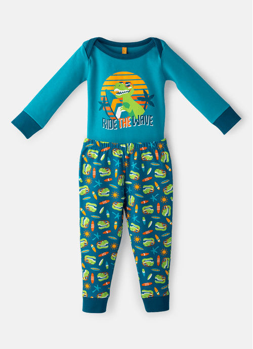 Pijama Manga Longa Algodão Bebê Menino Dino Surf