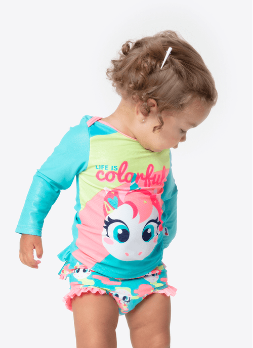 Conjunto Camiseta e Calcinha com Proteção Solar Bebê Menina Unicórnio Colorful