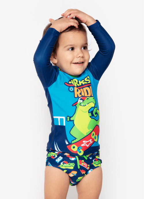 Conjunto Camiseta e Sunga com Proteção Solar Bebê Menino Dinossauro Skate