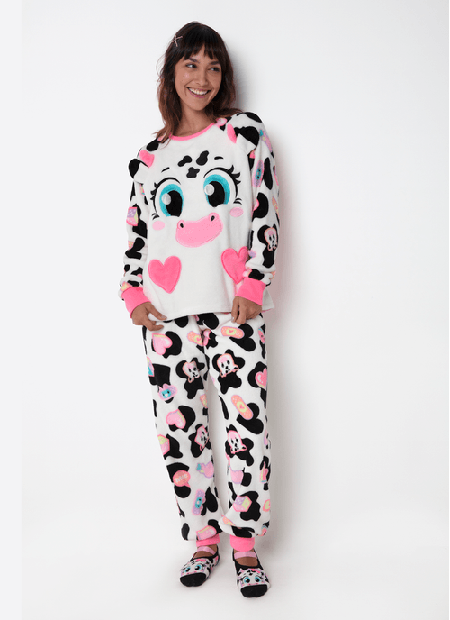 Pijama Manga Longa Soft Feminino Vaca Patches