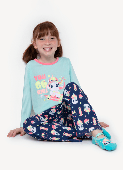 Pijama Manga Longa Algodão Menina Unicórnio Skate