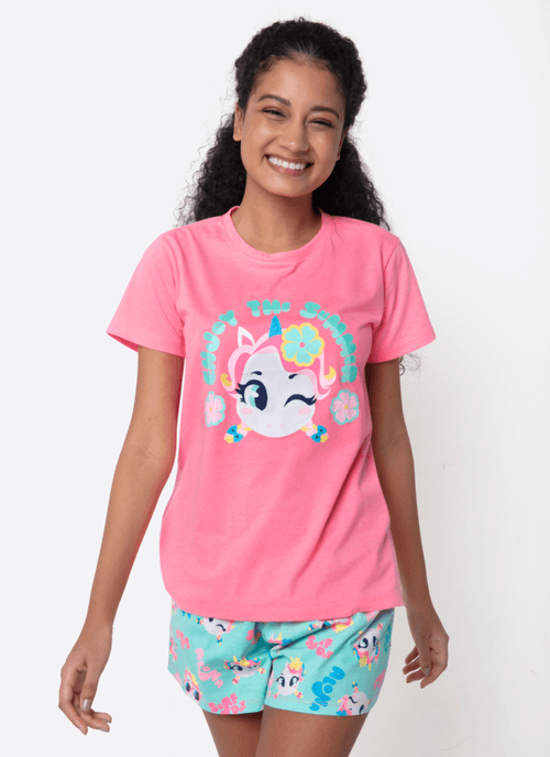 Pijama Manga Curta Algodão Feminino Unicórnio Aloha