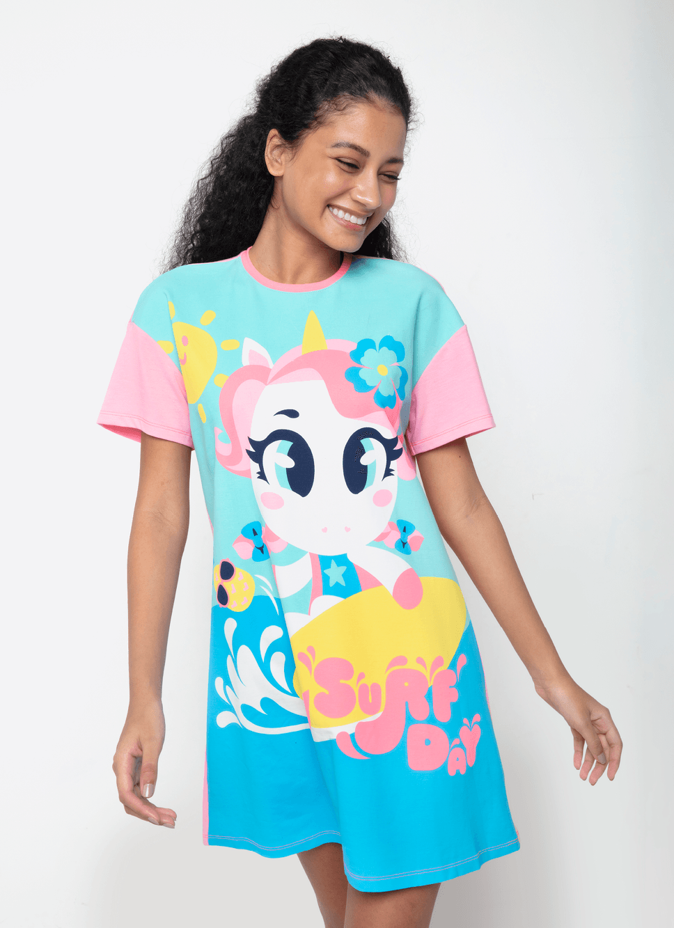 Camisola-Manga-Curta-Viscolycra-Feminina-Unicornio-Aloha