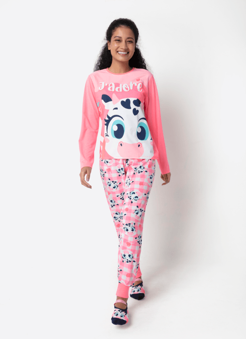 Pijama Manga Longa Viscolycra Feminino Vaca Romântica