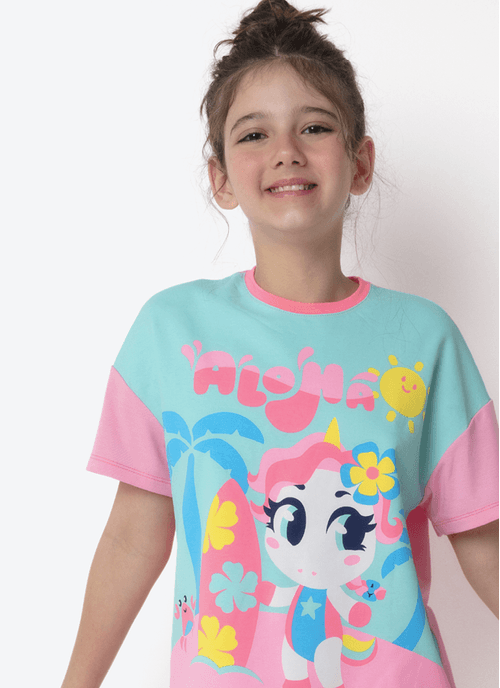 Pijama Manga Curta Viscolycra Menina Teen Unicórnio Aloha