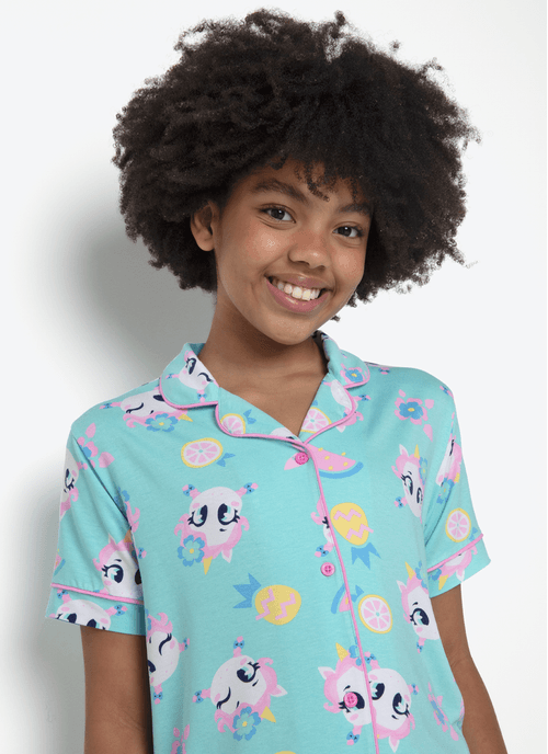 Pijama Manga Curta Viscose Menina Teen Unicórnio Aloha