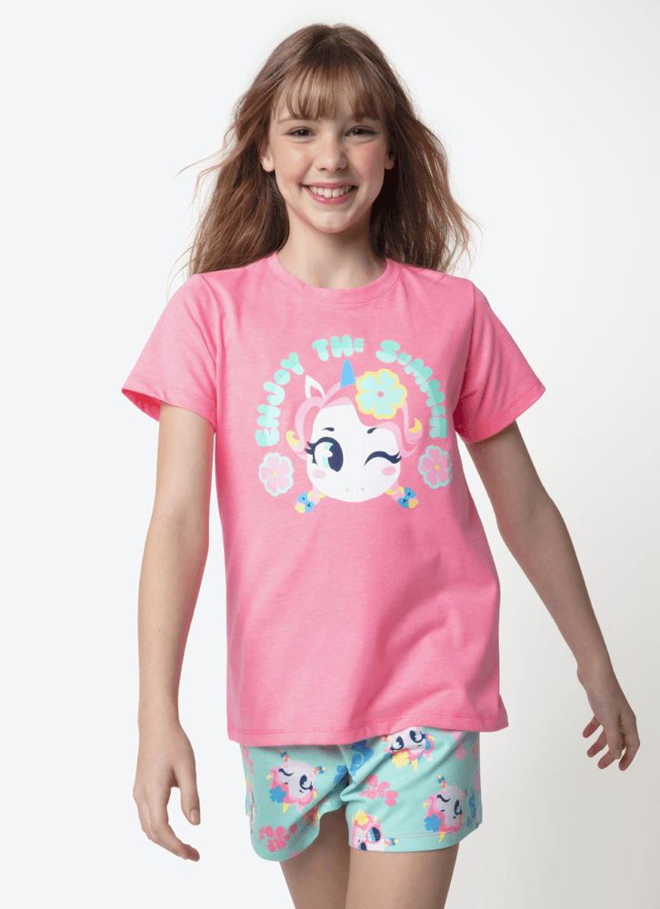 Pijama-Manga-Curta-Algodao-Menina-Teen-Unicornio-Aloha