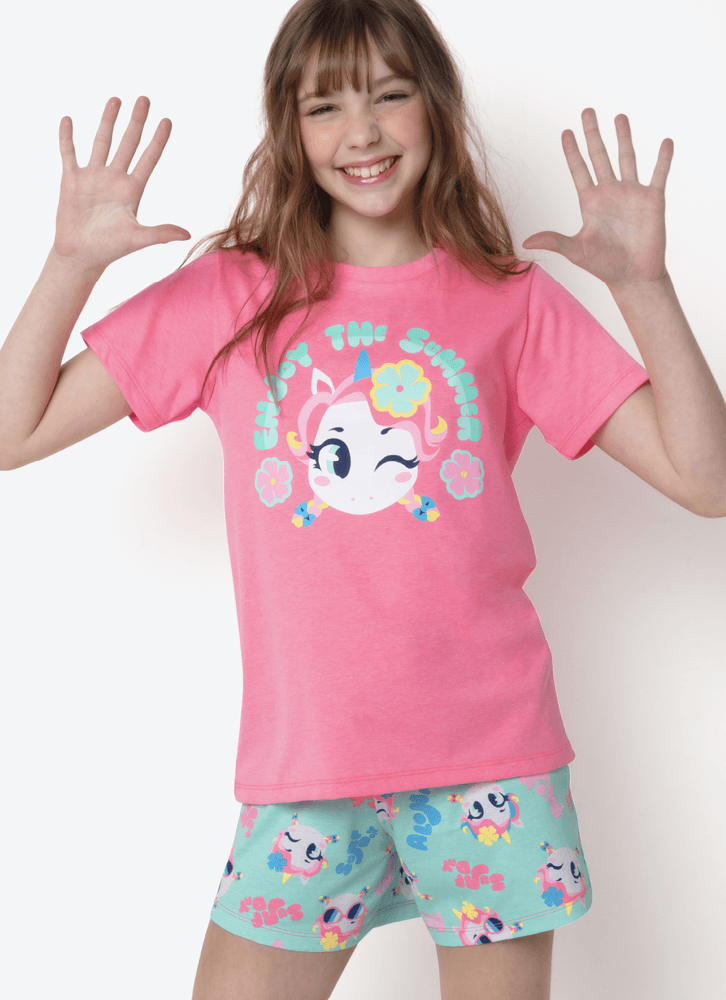 Pijama-Manga-Curta-Algodao-Menina-Teen-Unicornio-Aloha