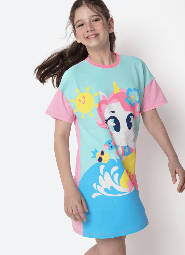 Camisola-Manga-Curta-Viscolycra-Menina-Teen-Unicornio-Aloha