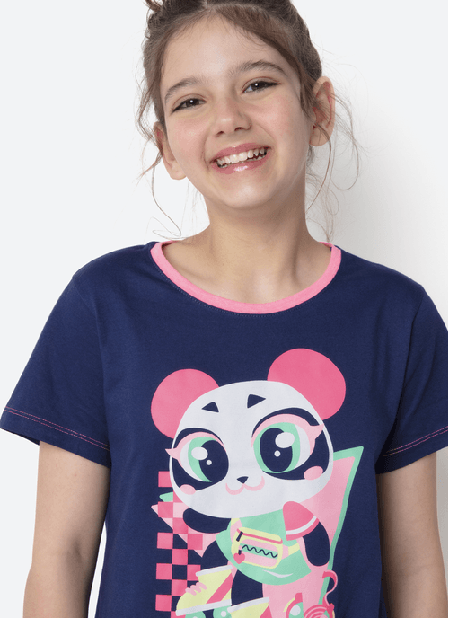 Camisola Manga Curta Algodão Menina Teen Panda Miami