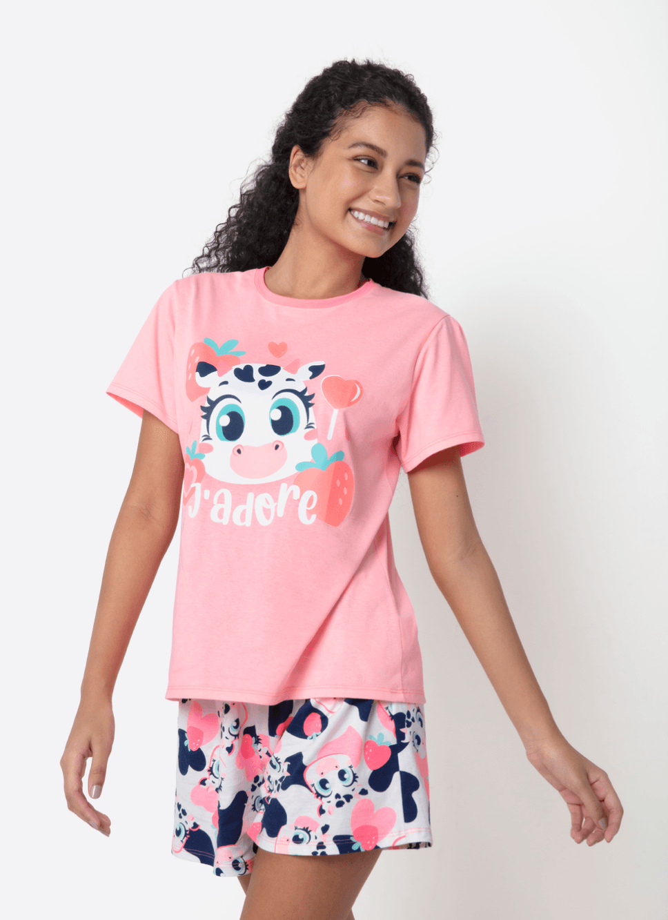 Pijama-Manga-Curta-Algodao-Feminino-Vaca-Romantica