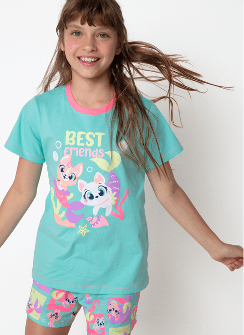 Pijama Manga Curta Algodão Menina Teen Pet Sereia