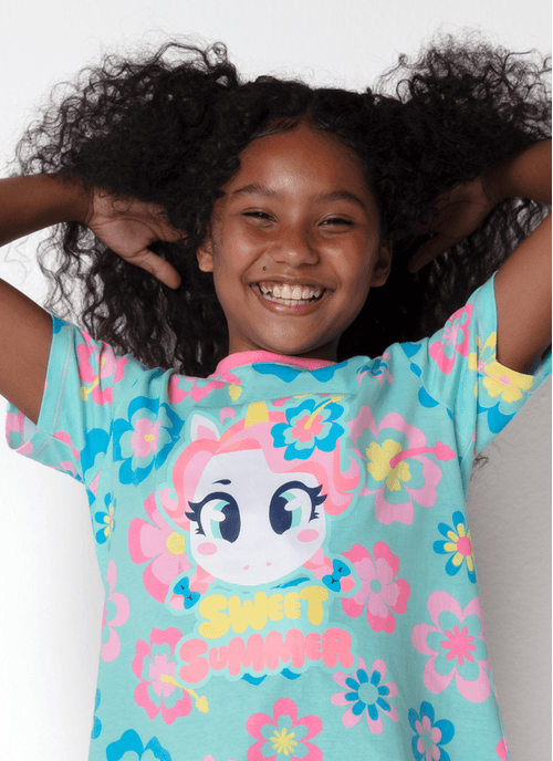 Camisola Manga Curta Algodão Menina Teen Unicórnio Aloha