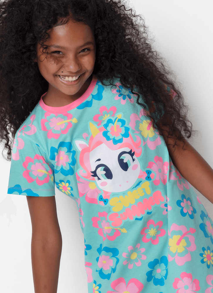 Camisola-Manga-Curta-Algodao-Menina-Teen-Unicornio-Aloha