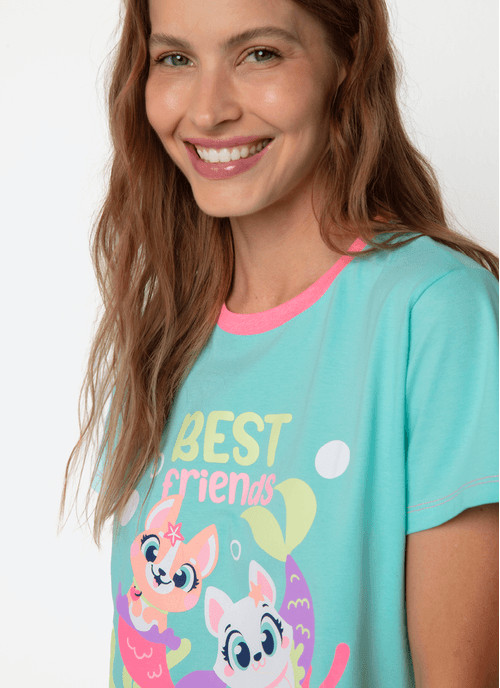 Pijama Manga Curta Algodão Feminino Pet Sereia