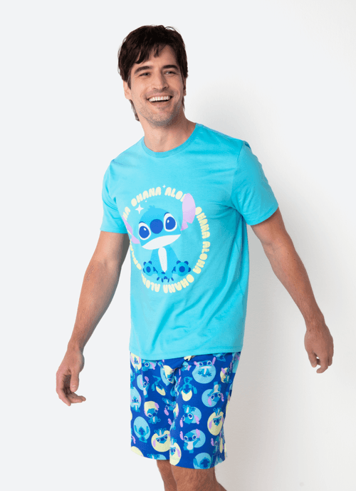 Pijama Manga Curta Algodão Masculino Stitch