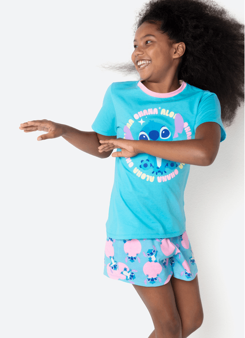 Pijama Manga Curta Algodão Menina Teen Stitch