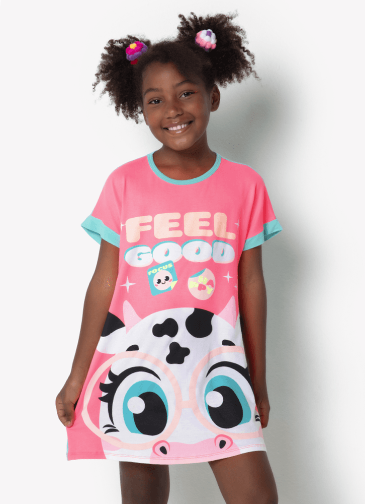 Camisola-Manga-Curta-Viscolycra-Feminino-Vaca-Colorful-Rosa