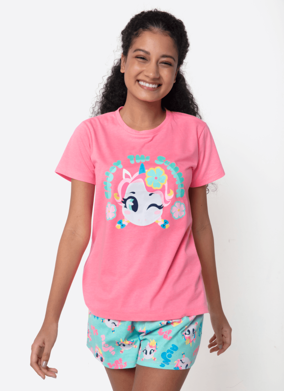 Pijama-Manga-Curta-Feminino-Unicornio-Aloha