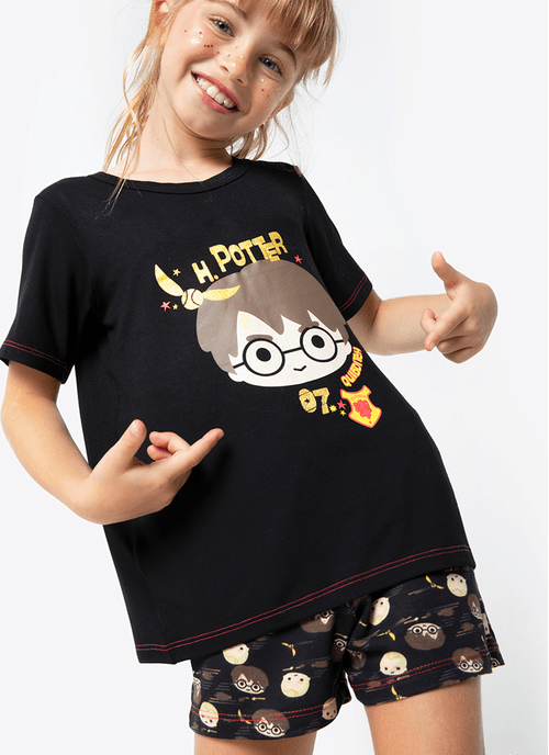 Pijama Manga Curta Menina Viscolycra Preto Harry Potter