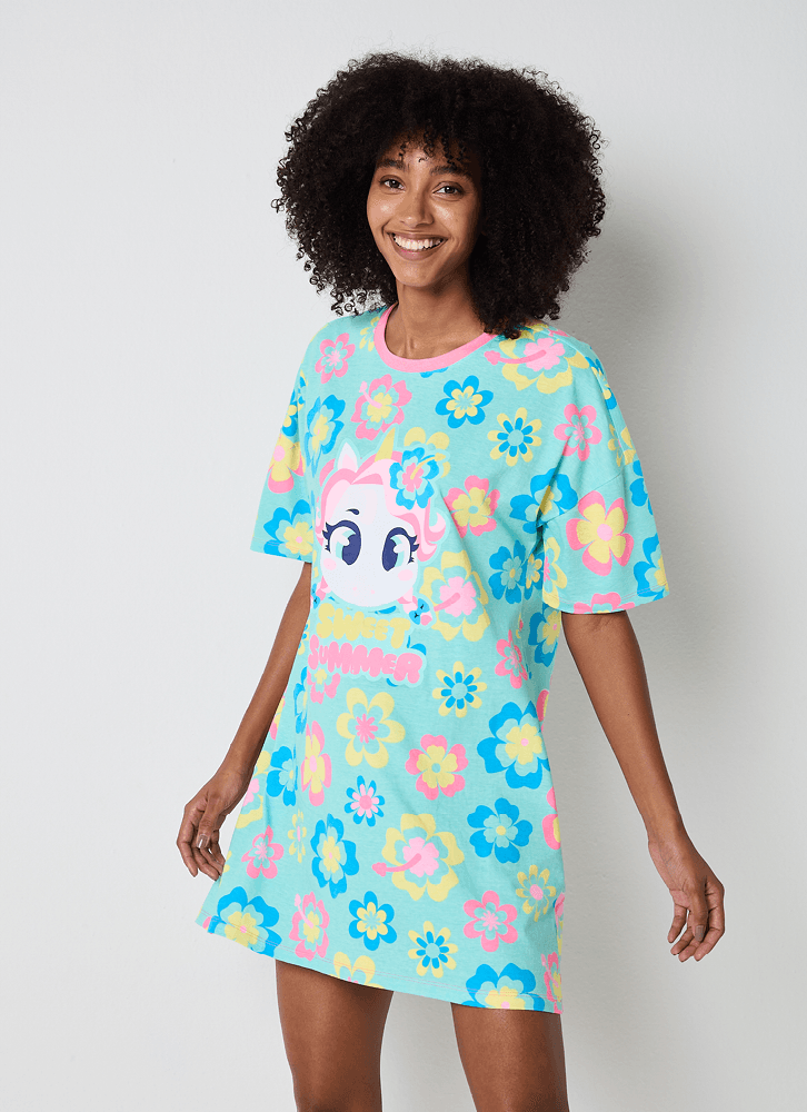 Camisola-Manga-Curta-Algodao-Estampada-Feminina-Unicornio-Aloha