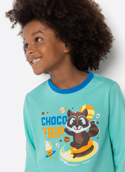 Pijama Manga Longa Algodão Menino Guaxinim Chocolate