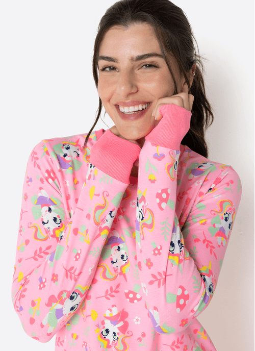 Pijama Manga Longa Feminino Unicórnio Encantado