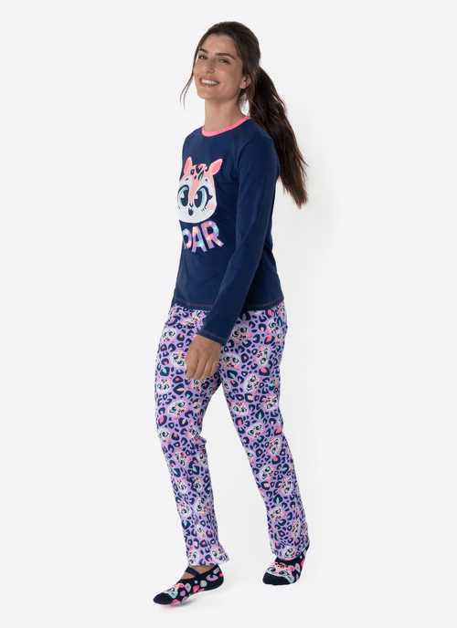 Pijama Manga Longa Algodão Feminino Onça