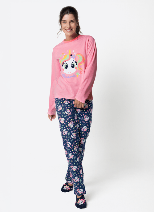 Pijama Manga Longa Algodão Feminino Unicórnio Encantado