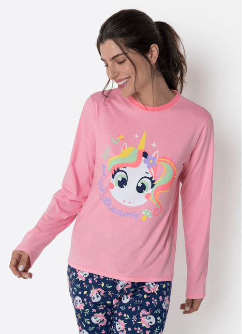 Pijama Manga Longa Algodão Feminino Unicórnio Encantado