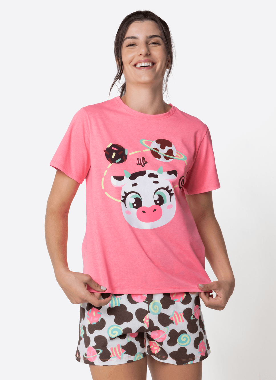 Pijama-Manga-Curta-Algodao-Feminino-Vaca-Chocolate