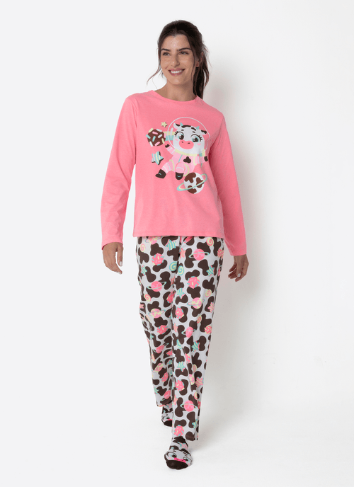 Pijama Manga Longa Algodão Feminino Vaca Chocolate