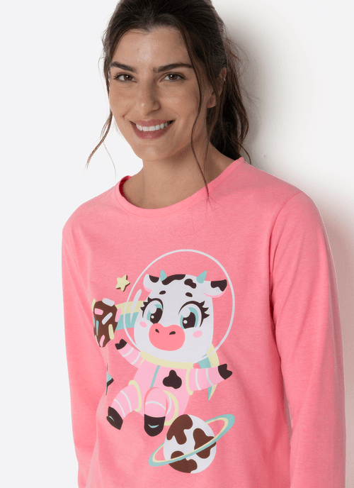 Pijama Manga Longa Algodão Feminino Vaca Chocolate