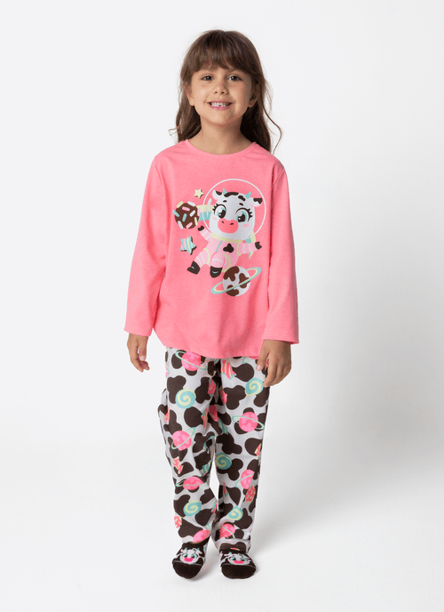 Pijama Manga Longa Algodão Menina Vaca Chocolate