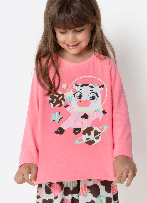 Pijama Manga Longa Algodão Menina Vaca Chocolate