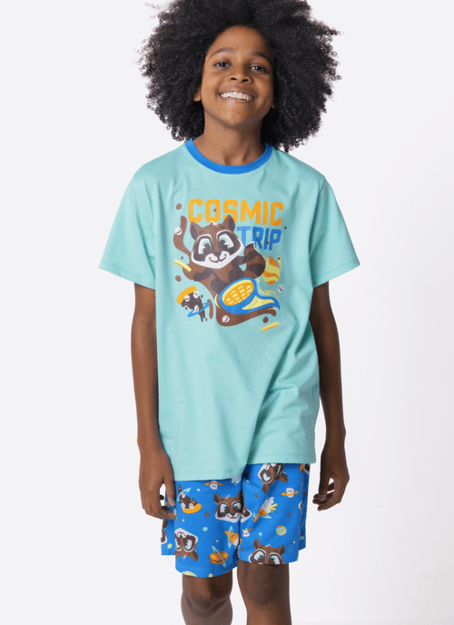 Pijama Manga Curta Algodão Menino Teen Guaxinim Chocolate