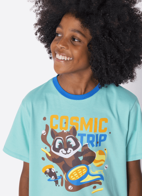 Pijama Manga Curta Algodão Menino Teen Guaxinim Chocolate