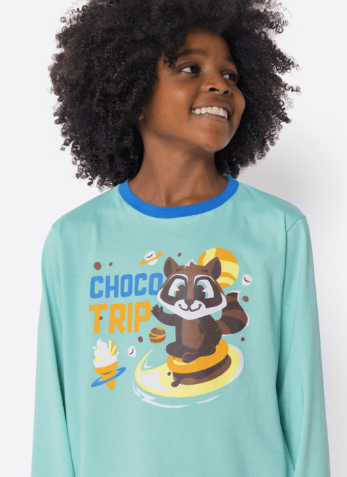 Pijama Manga Longa Algodão Menino Teen Guaxinim Chocolate