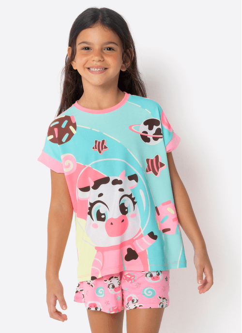 Pijama Manga Curta Viscolycra Menina Vaca Chocolate