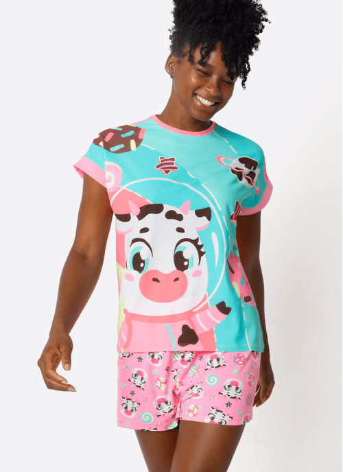 Pijama Manga Curta Viscolycra Feminino Vaca Chocolate