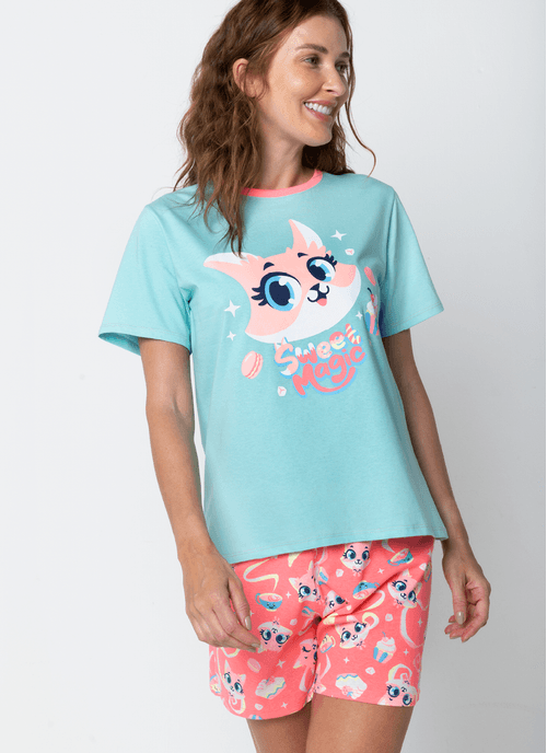 Pijama Manga Curta Algodão Feminino Raposa Confeiteira