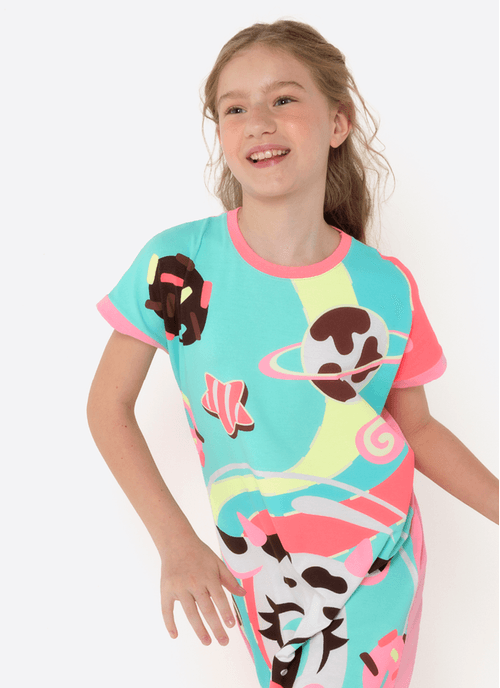 Camisola Manga Curta Viscolycra Menina Teen Vaca Chocolate