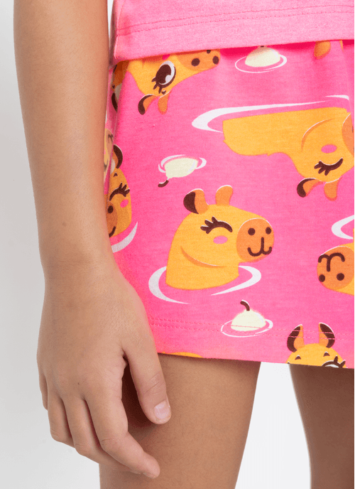 Pijama Manga Curta Algodão Menina Capivara Vibes