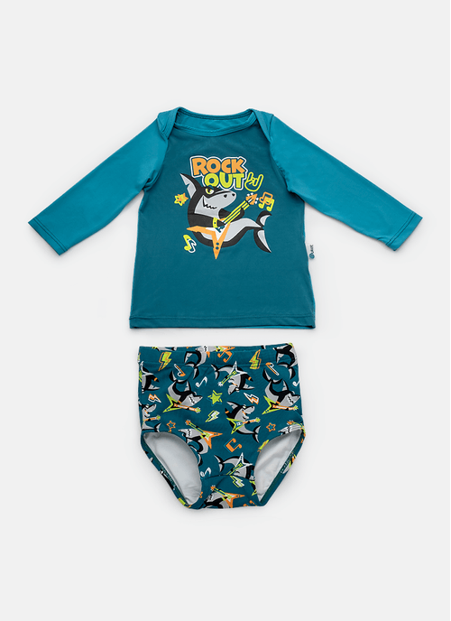 Conjunto Camiseta e Sunga Bebê Menino Tubarão Rockstar