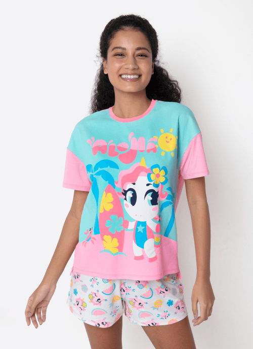 Pijama Manga Curta Viscolycra Feminino Unicórnio Aloha